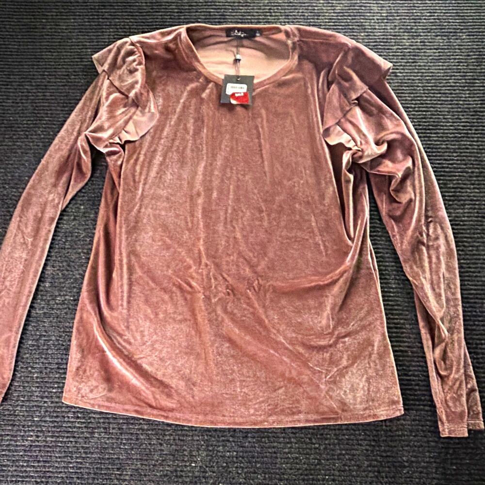 BKE Boutique Women’s L Mauve Velvet Ruffle Shoulder Long Sleeve Blouse Boho